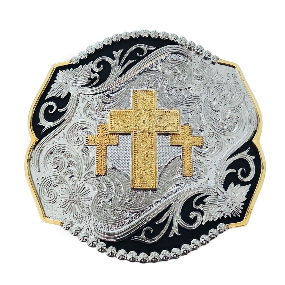 Western Edge TB4000TC Triple Cross Western Buckle Silver Gold Black 4" x 3.75"
